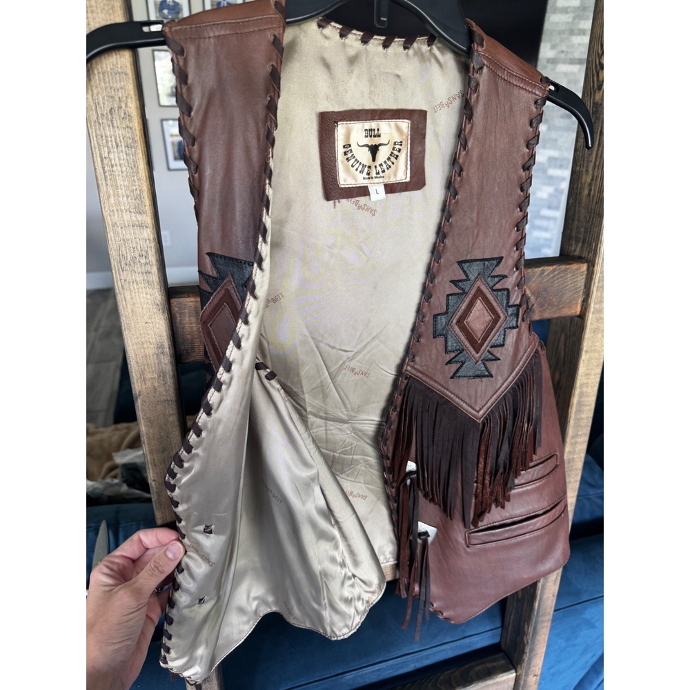 Vintage Bull Genuine Leather Western Fringe Vest Southwestern Whipstitch Mens L - Picture 5 of 15
